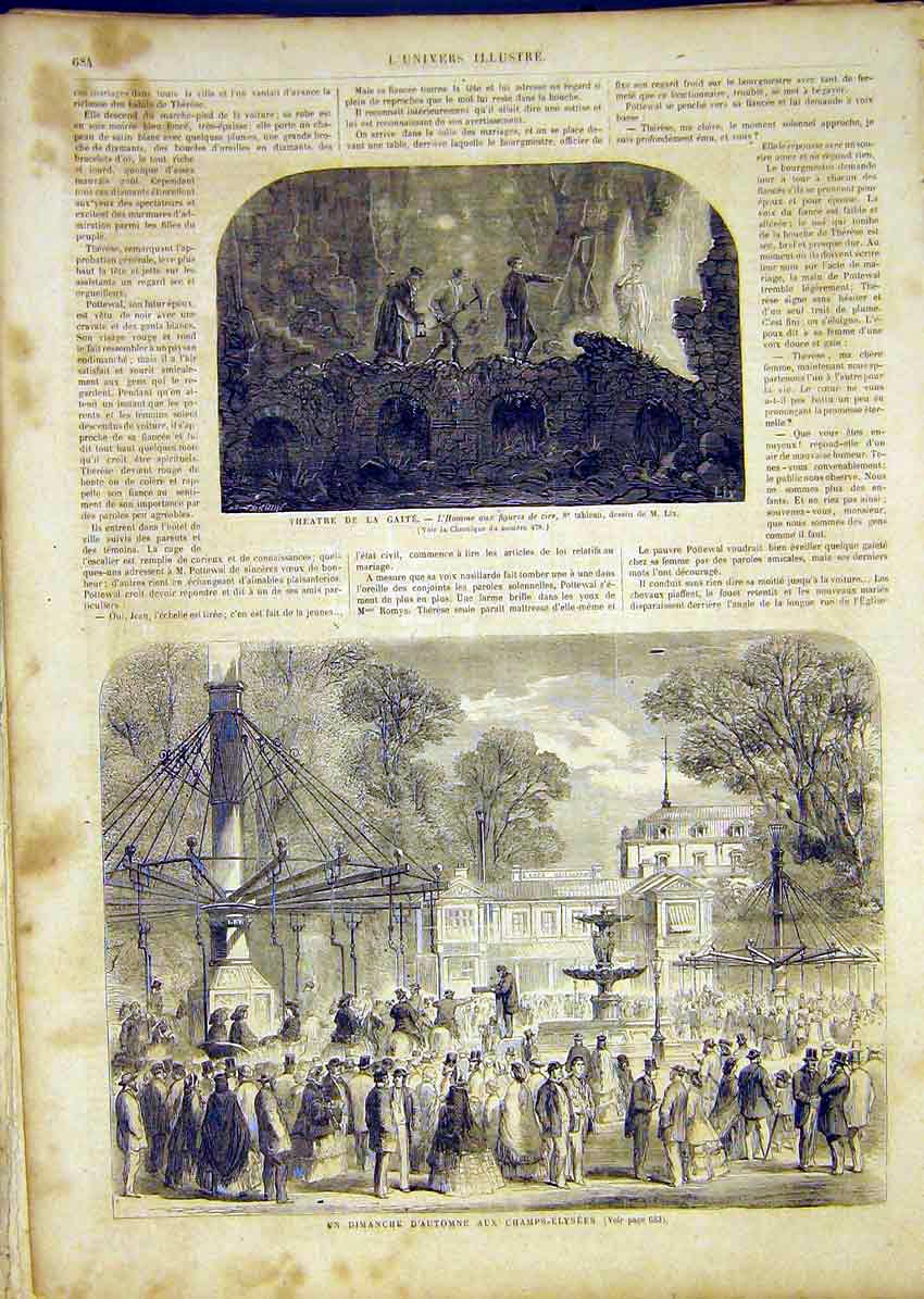 Original Old Antique Print Champs-Elysees Paris Sunday Fair French 1865 19th