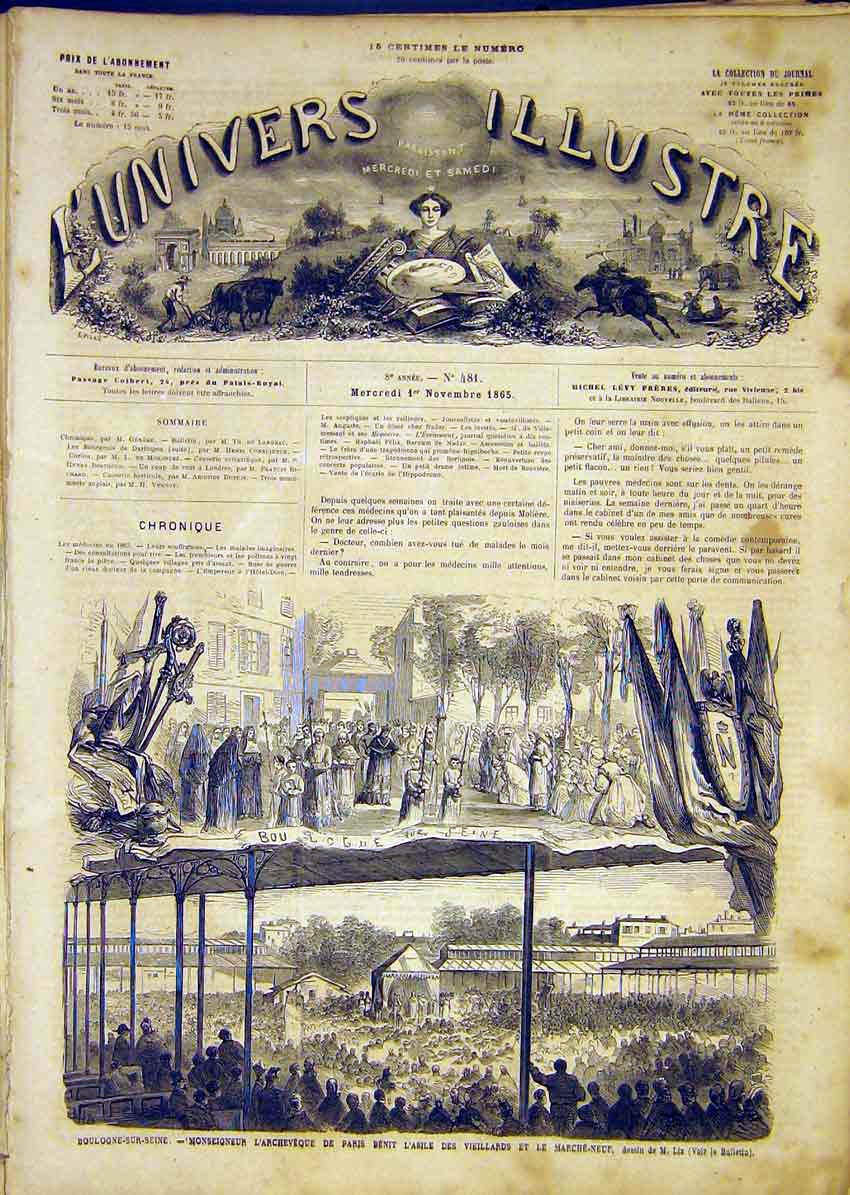 Original Old Antique Print Boulogne Seine Archeveque Paris Lix French 1865 19th