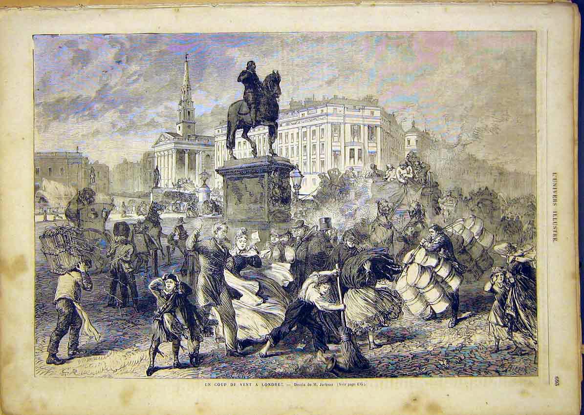 Original Old Antique Print London Winds Storm Jackson French 1865 Fine Art 19th
