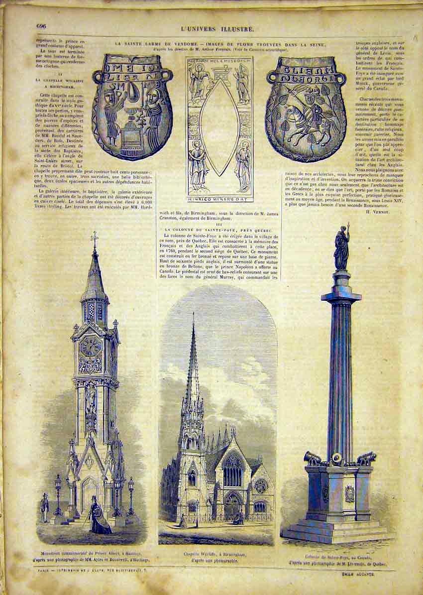 Original Old Antique Print Seine Monument Hastings Wycliffe Sainte-Foye 1865