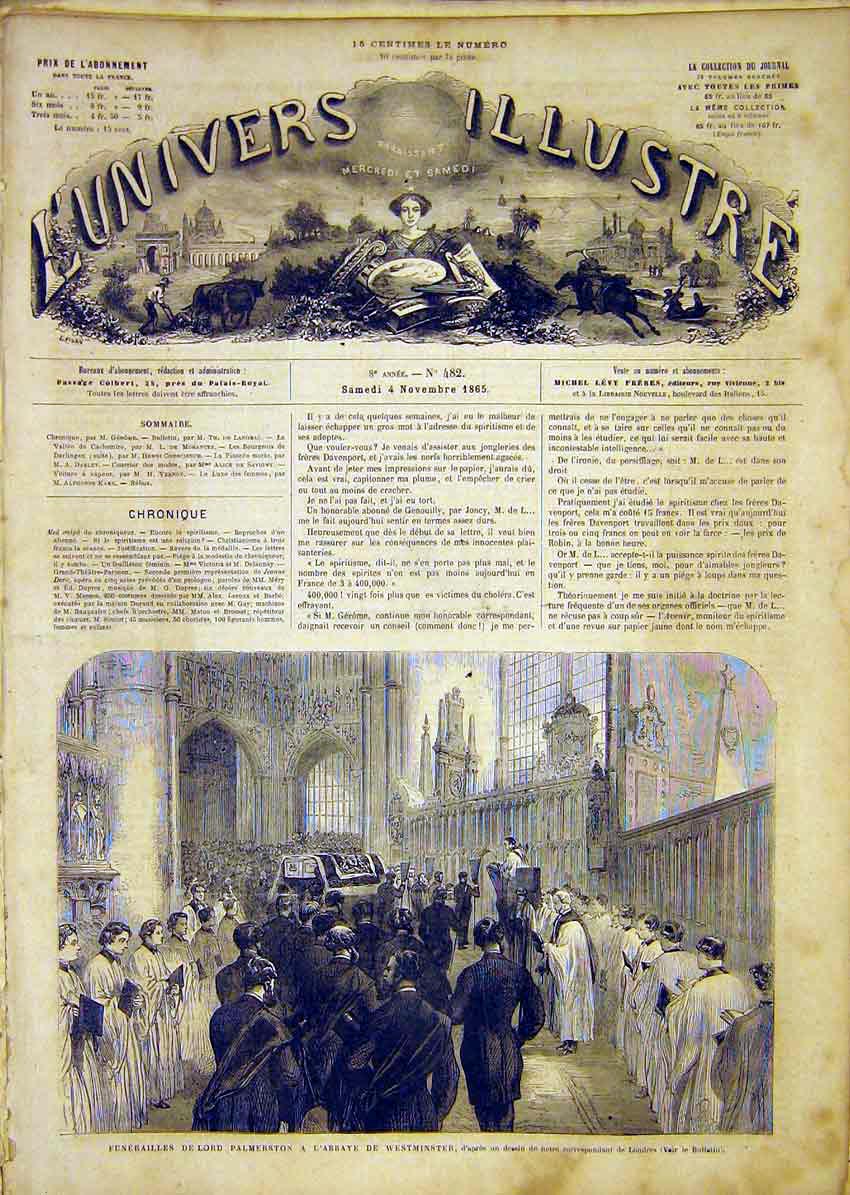 Original Old Antique Print Funeral Palmerston Westminster Abbey French 1865 19th