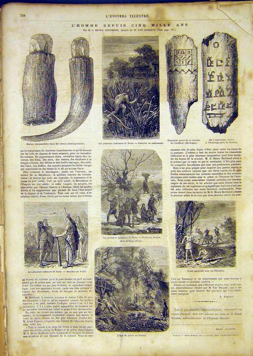 Original Old Antique Print Human Remains Paris Dordogne Pharoah French 1865 19th