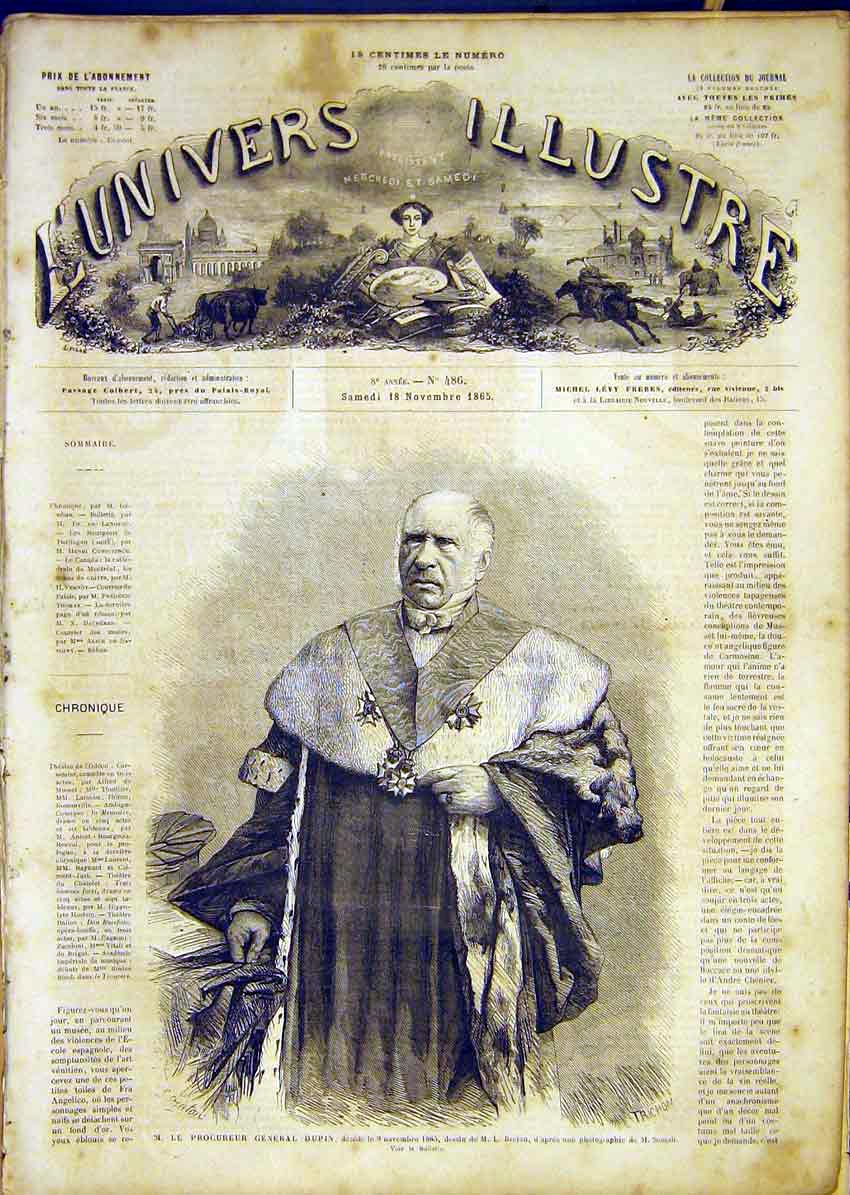 Original Old Antique Print Portrait General Dupin Procurer French 1865 Victorian