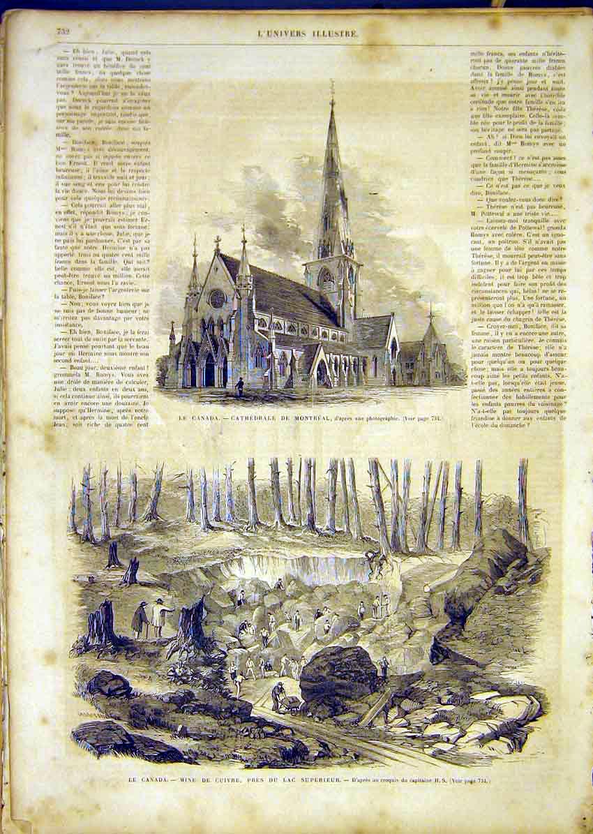 Original Old Antique Print Canada Cathedral Montreal Lake Superior 1865 19th