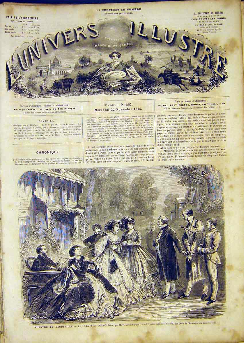 Original Old Antique Print Theatre Vaudeville Sardou Lix French 1865 Victorian