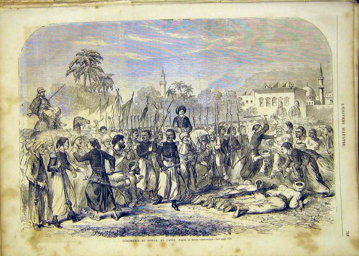 Original Old Antique Print Ceremony Doseh Cairo Egypt Africa French 1865 19th