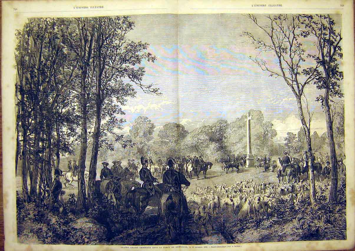 Original Old Antique Print Imperial Forest Compiegne Hunt Hounds French 1865
