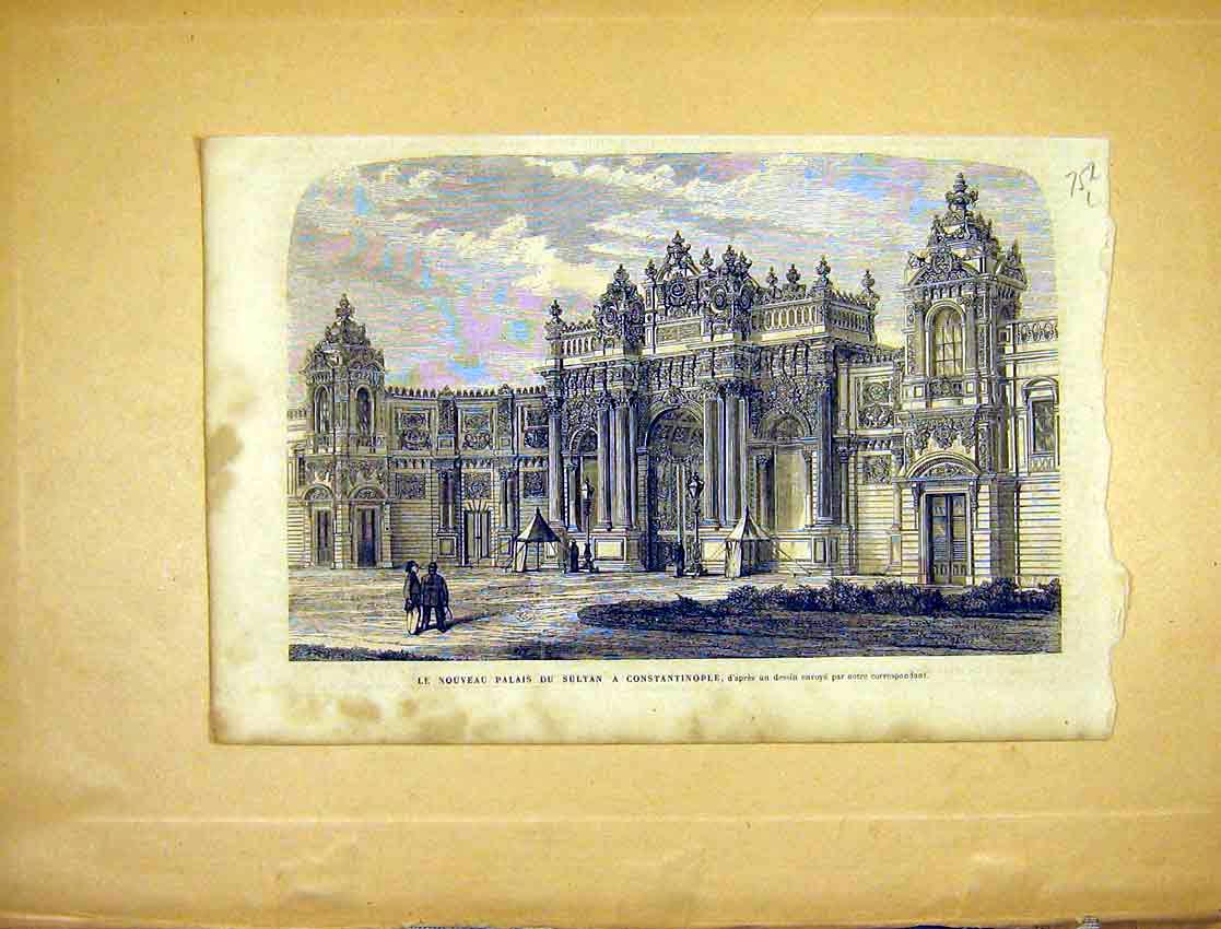 Original Old Antique Print Palace Sultan Constantinople French 1865 Victorian