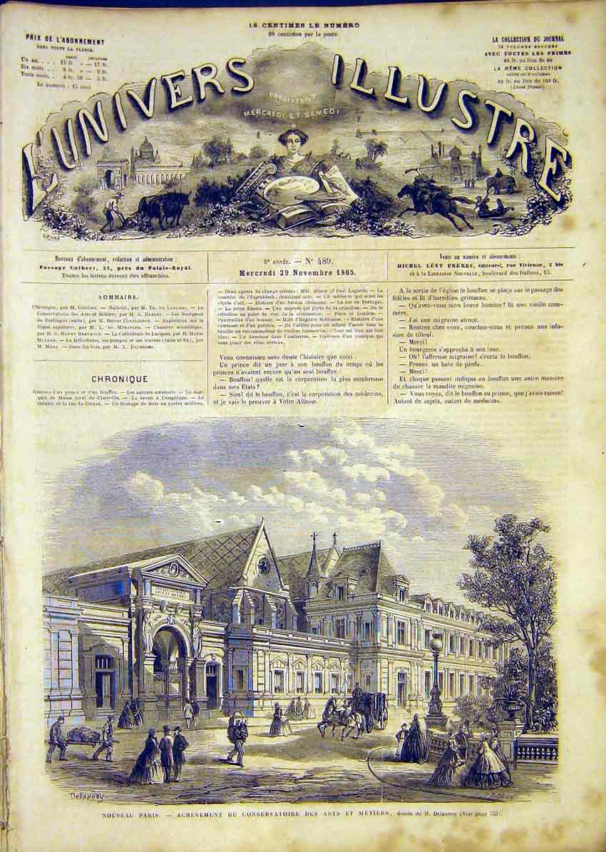 Original Old Antique Print Paris Delannoy Buildings Architecture French 1865