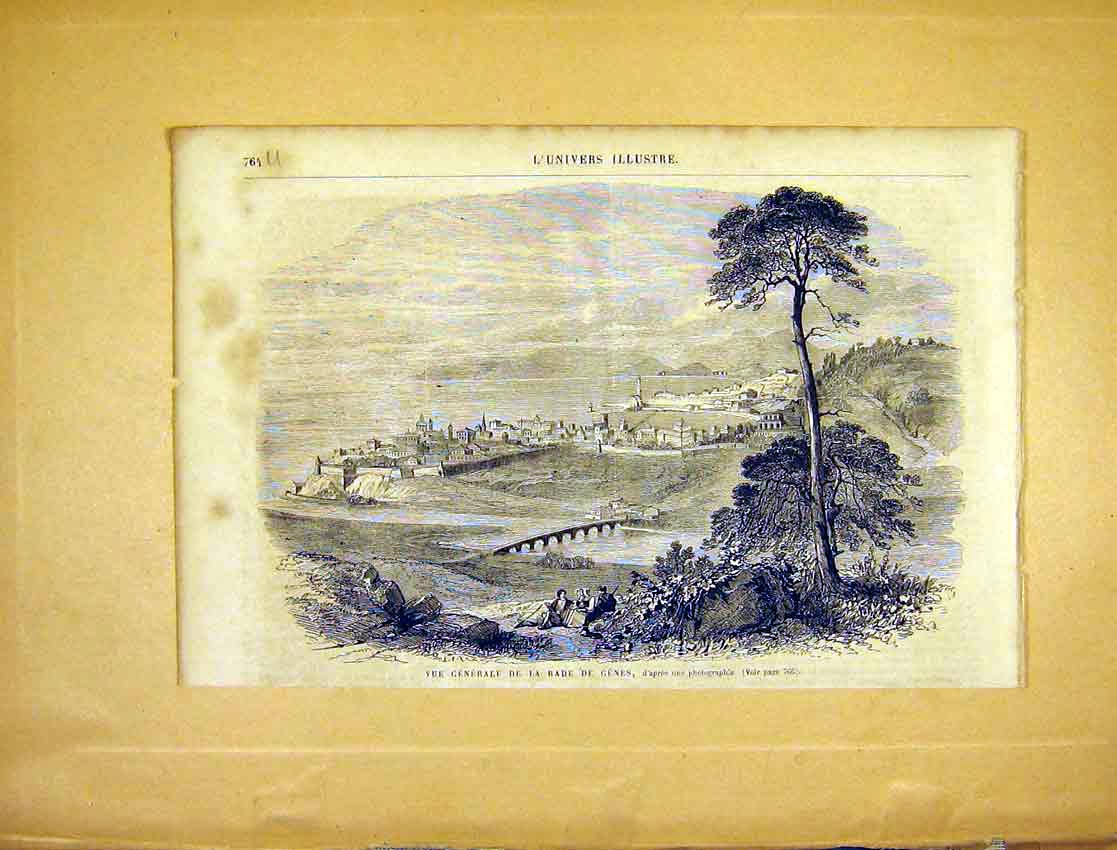 Original Old Antique Print View River Rade Genes French 1865 19th