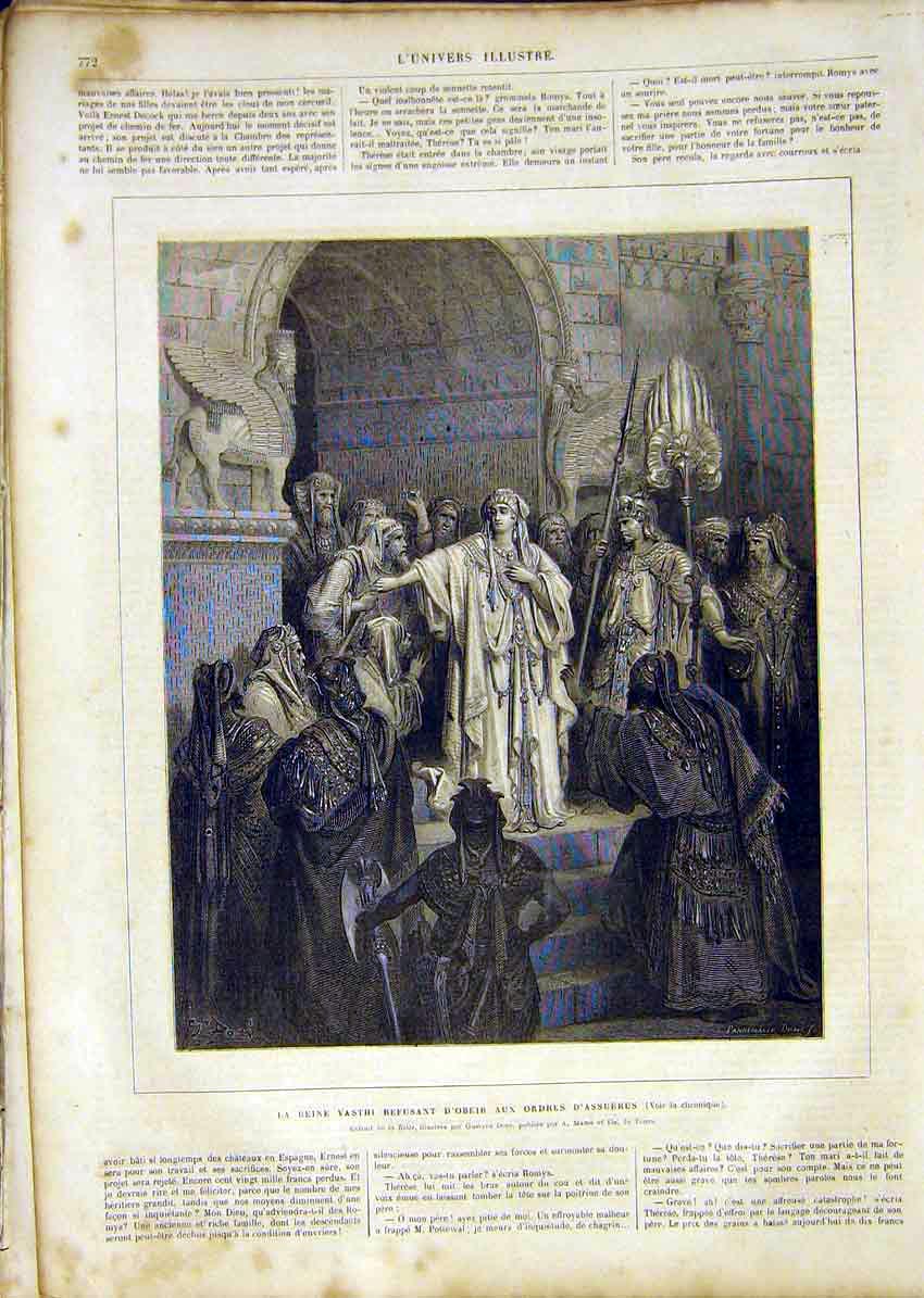 Original Old Antique Print Vasthi Dore Assuerus French 1865 Historical Victorian