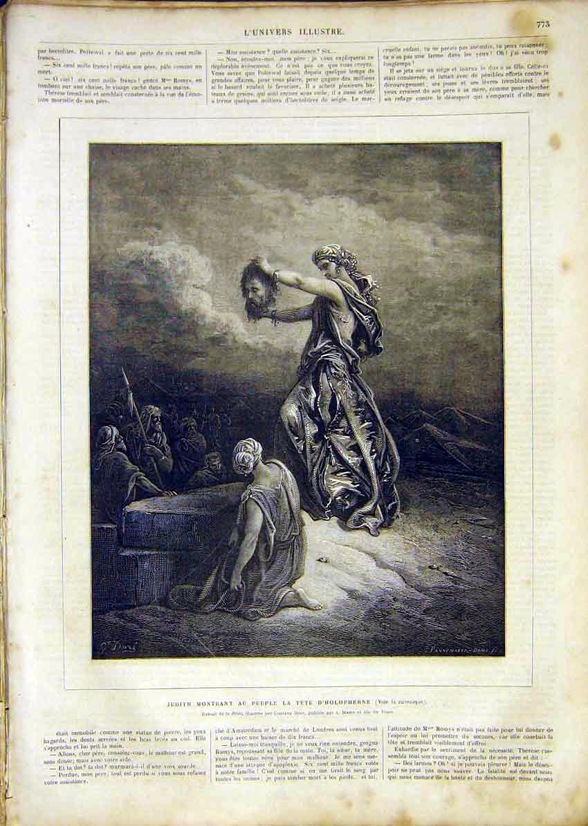 Original Old Antique Print Montrant Head Holopherne French 1865 19th