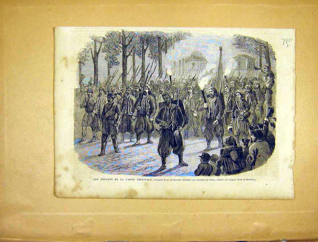 Original Old Antique Print Zouaves Guard Imperial Troops 1865 Military 19th