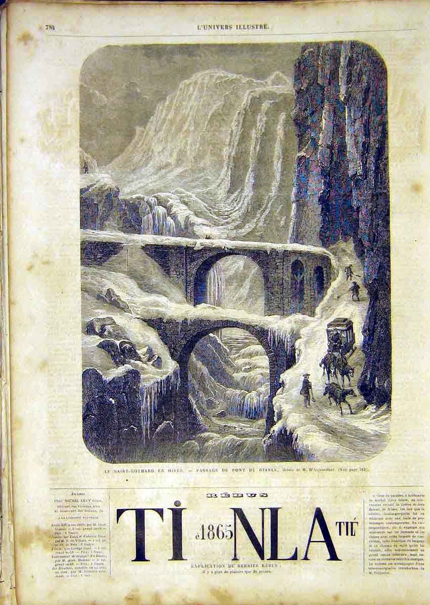 Original Old Antique Print Saint-Gothard Winter Diable Bridge French 1865 19th