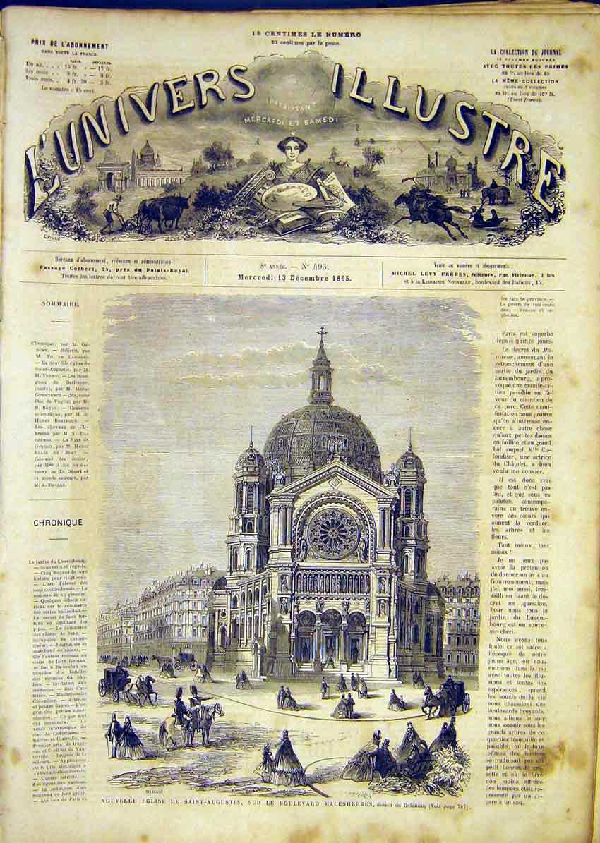Original Old Antique Print Church Saint-Augustin Malesherbes Delannoy 1865 19th