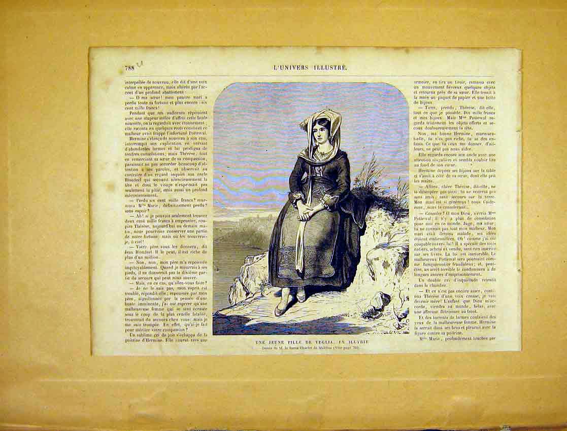 Original Old Antique Print Young Lady Veglia Malchus Fine Art French 1865 19th