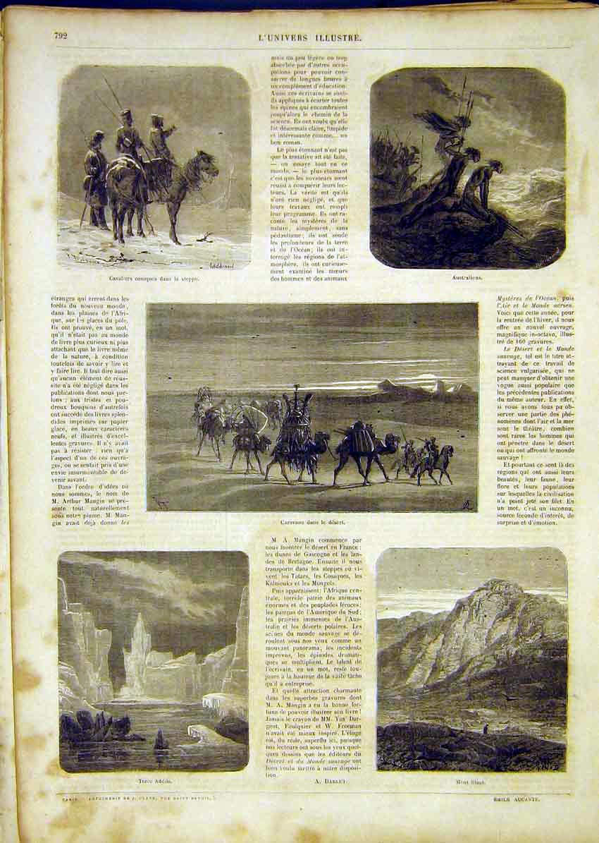Original Old Antique Print Camel Caravan Mount Sinai Australia Iceland 1865 19th