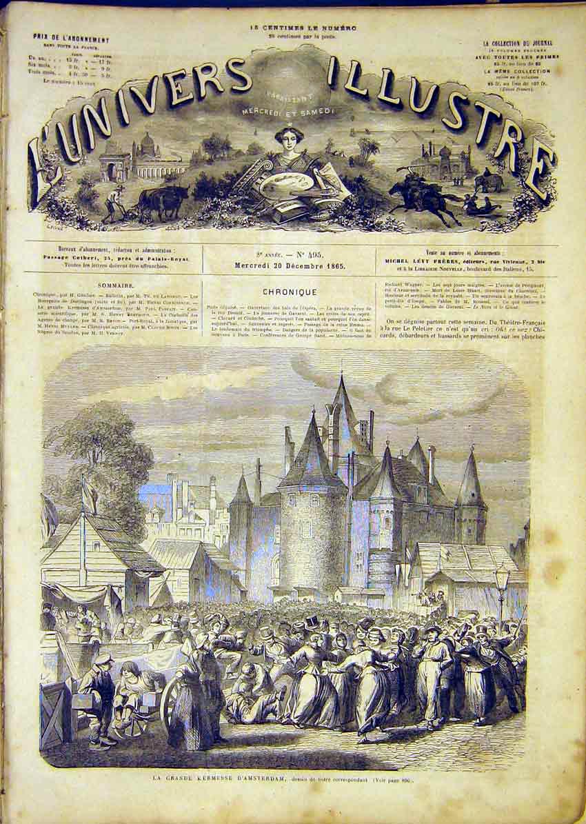 Original Old Antique Print Amsterdam Holland Market French 1865 19th