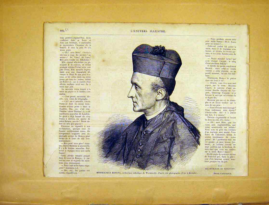 Original Old Antique Print Portrait Monsignor Manning Westminster 1865 19th
