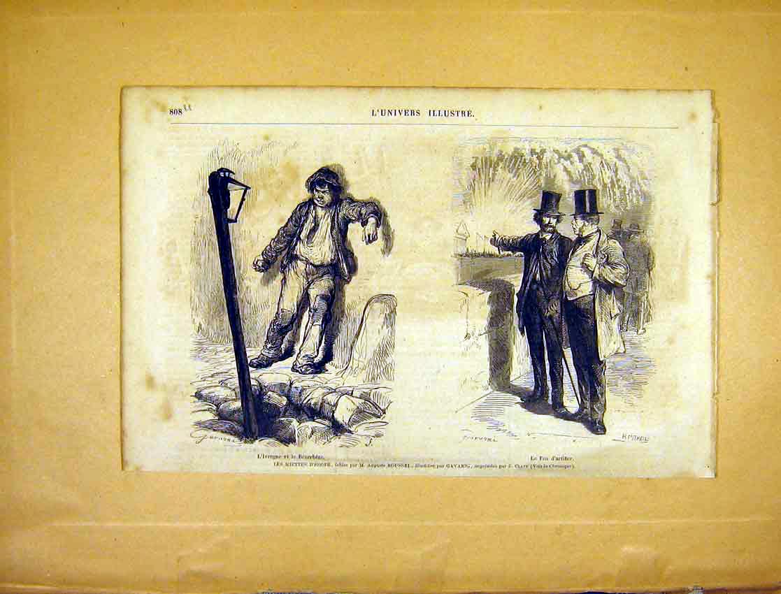 Original Old Antique Print Rousel Gavarn Fireworks Drunk French 1865 Victorian