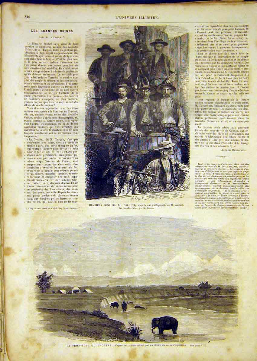 Original Old Antique Print Miners Larcher Bhoutan Frontier India French 1865