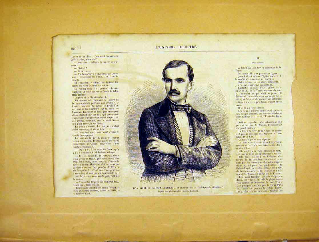 Original Old Antique Print Portrait Gabriel Morena President French 1865 19th