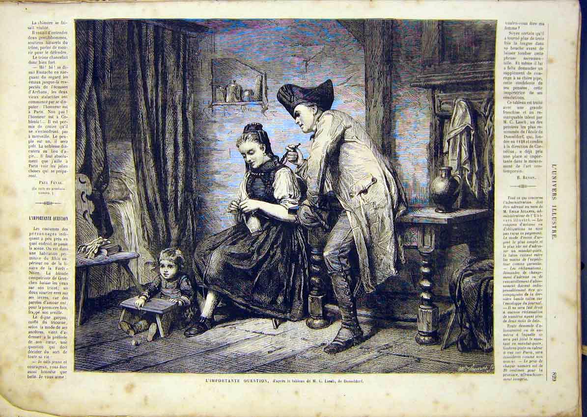 Original Old Antique Print Question Laseh Dusseldorf Family French 1865 19th