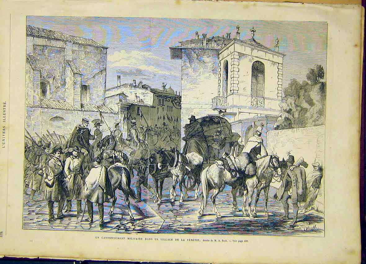 Original Old Antique Print Military Venice Troops Village Beck French 1866 19th