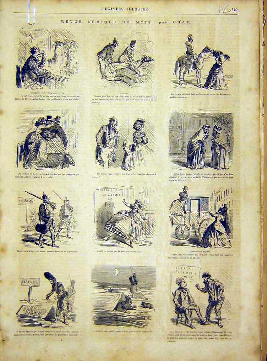Original Old Antique Print Sketches Comic Paris France Cham French 1866 19th
