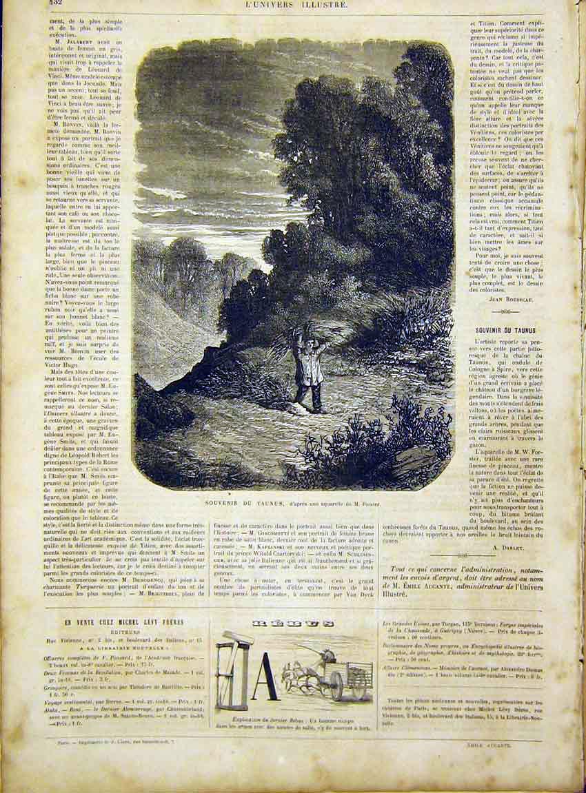 Original Old Antique Print Taunus Forster Fine Art French 1866 19th