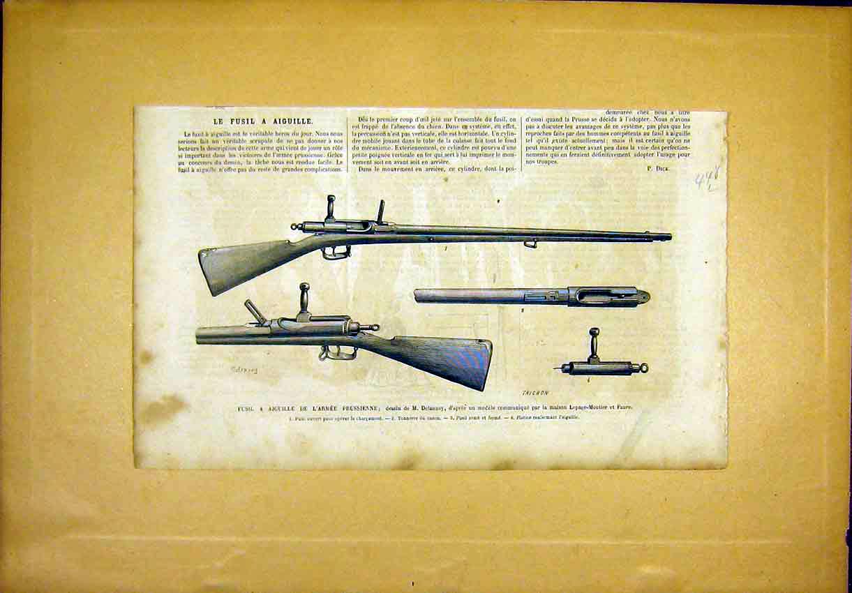 Original Old Antique Print Guns Army Prussian Delannoy Weapons French 1866 19th