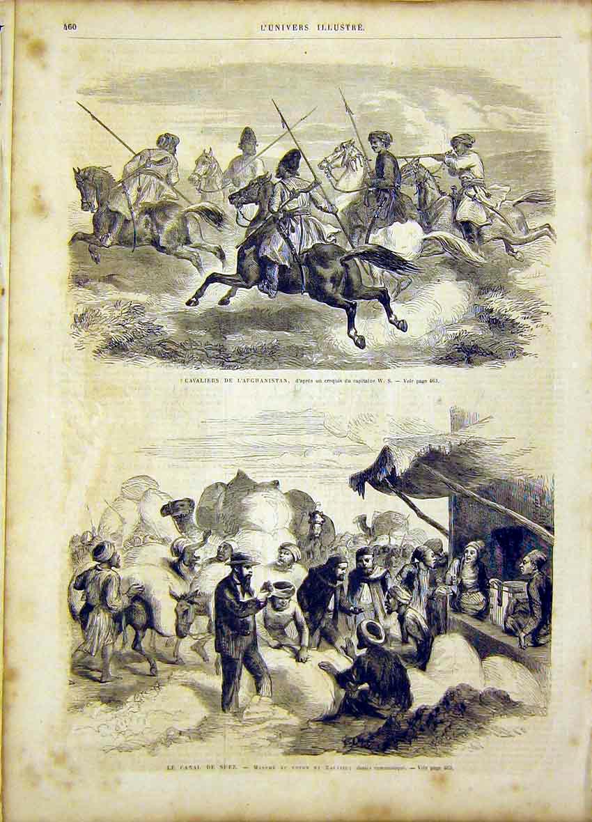 Original Old Antique Print Cavalry Afghanistan Military Suez Canal 1866 19th