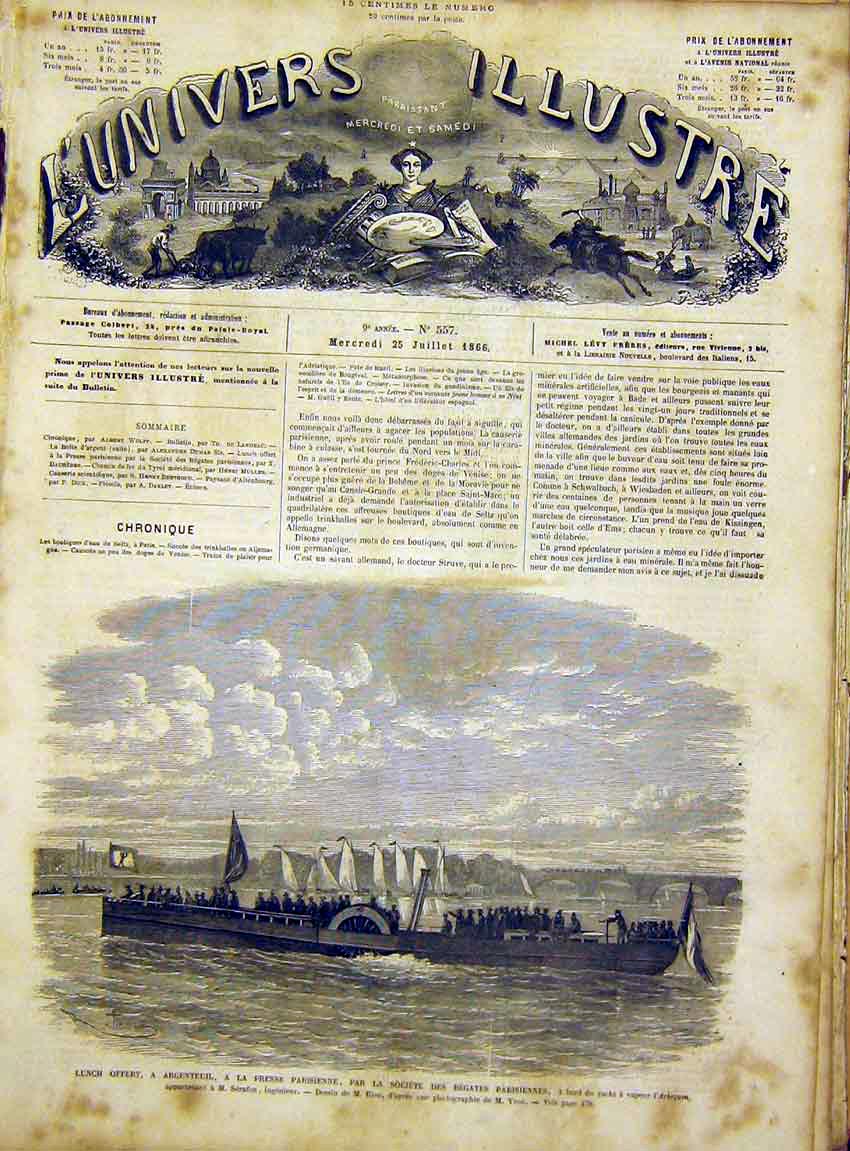 Original Old Antique Print Arlequin Yacht Paris Press Regatta French 1866 19th