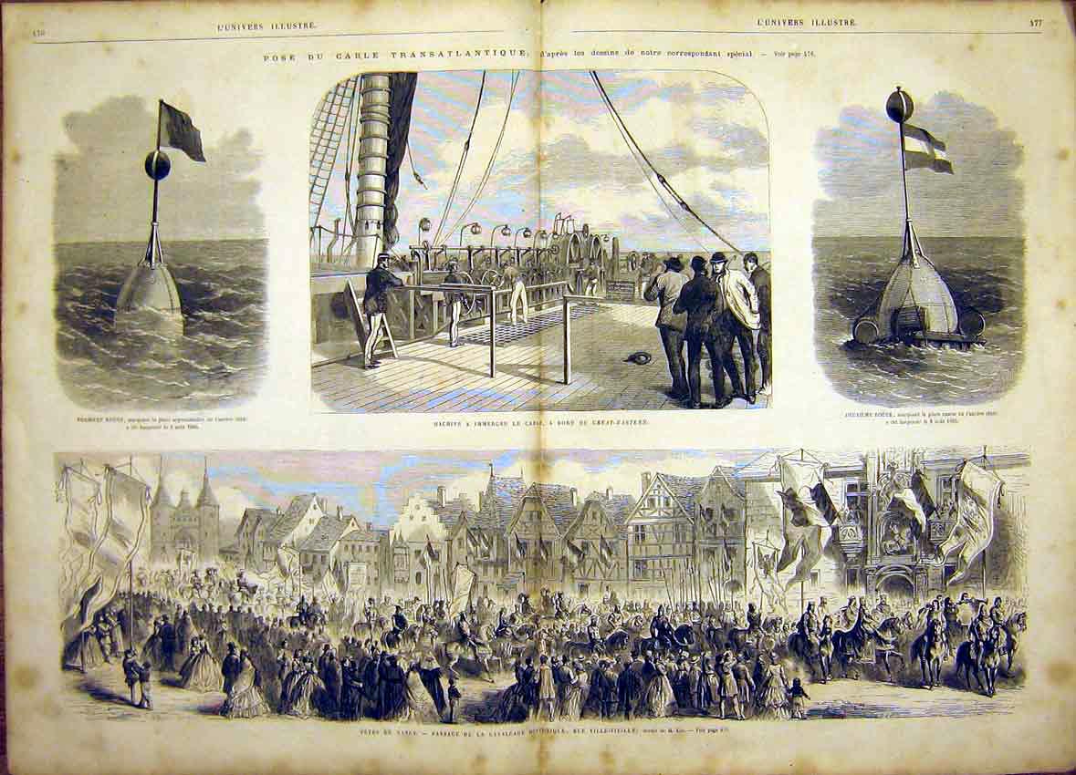Original Old Antique Print Buouy Cable Telegraph Nancy Cavalcade Vieille 1866