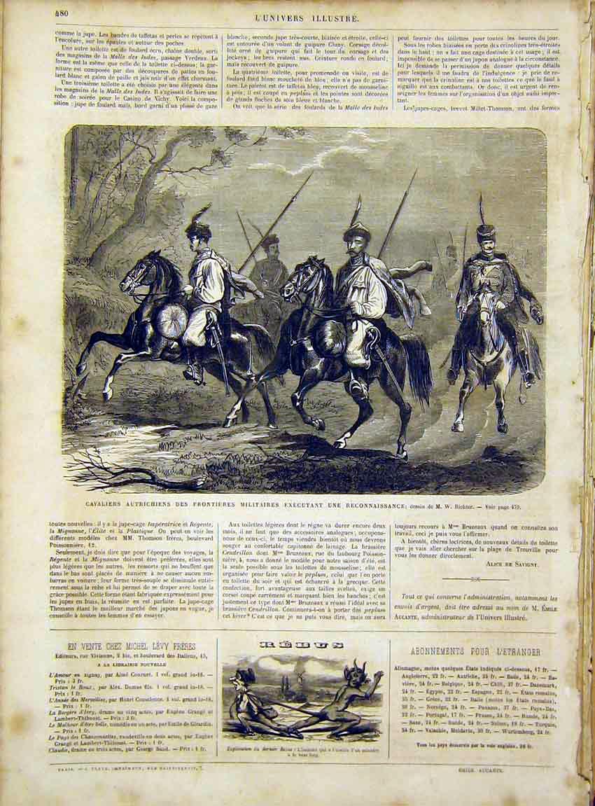 Original Old Antique Print Cavalry Austrian Military Richter French 1866 19th