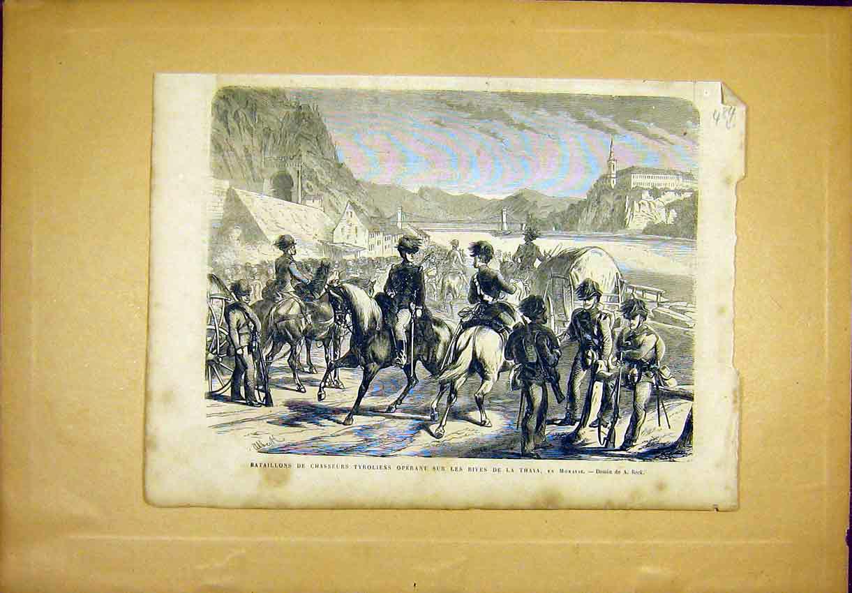 Original Old Antique Print Military Chasseurs Tyroliens Thaya French 1866 19th
