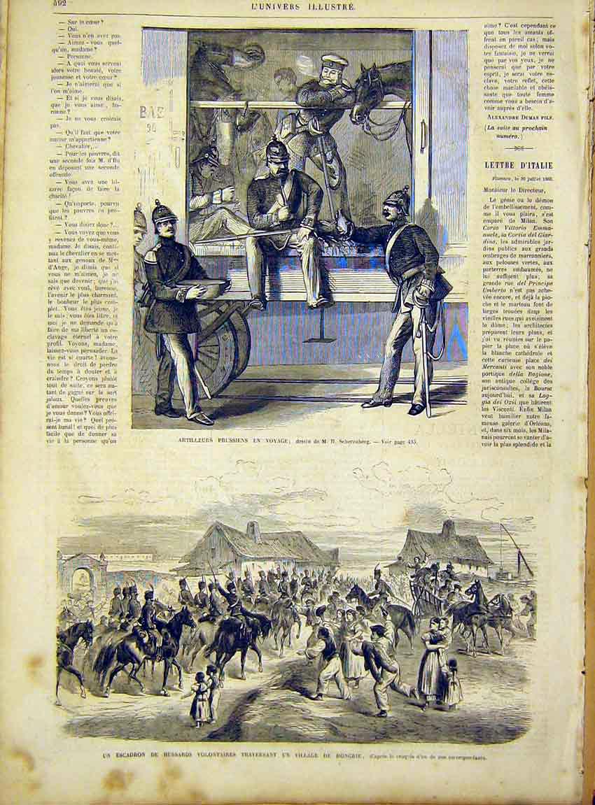 Original Old Antique Print Volunteers Hussars Hungary Artillery Prussian 1866