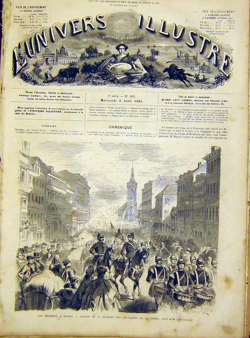 Original Old Antique Print Prussian Troops Leipzig Grenadiers French 1866 19th