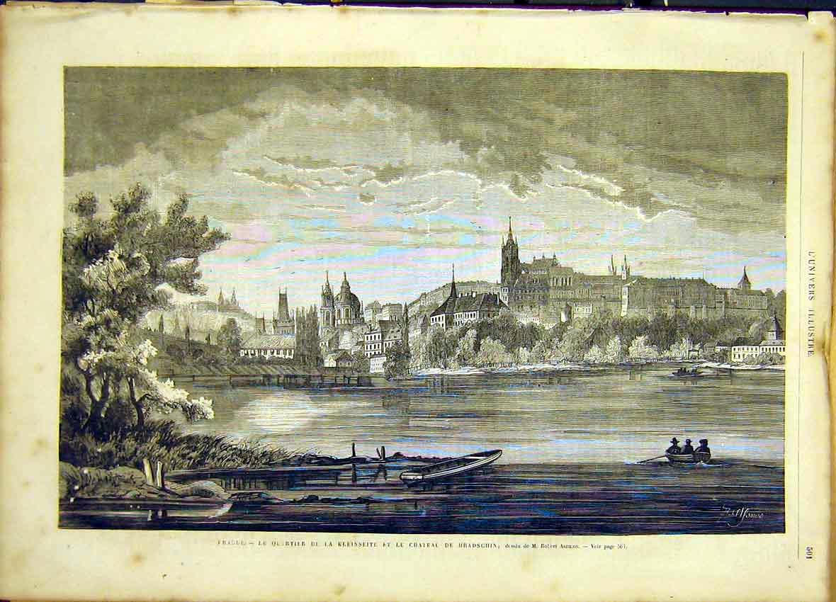 Original Old Antique Print Castle Hradschin Aszmus French 1866 Fine Art 19th