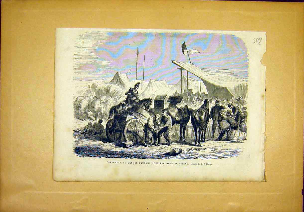 Original Old Antique Print Army Camp Saxon Vienna Military French 1866 19th