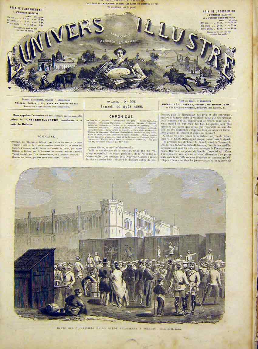 Original Old Antique Print Prussian Guard Breslau Train French 1866 Victorian