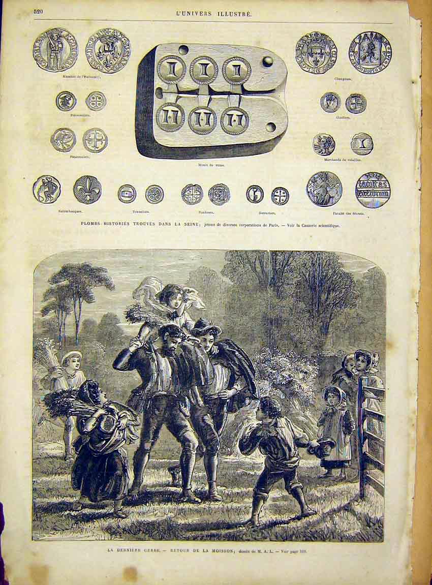 Original Old Antique Print Moisson Bride French 1866 Coins Money Paris Victorian