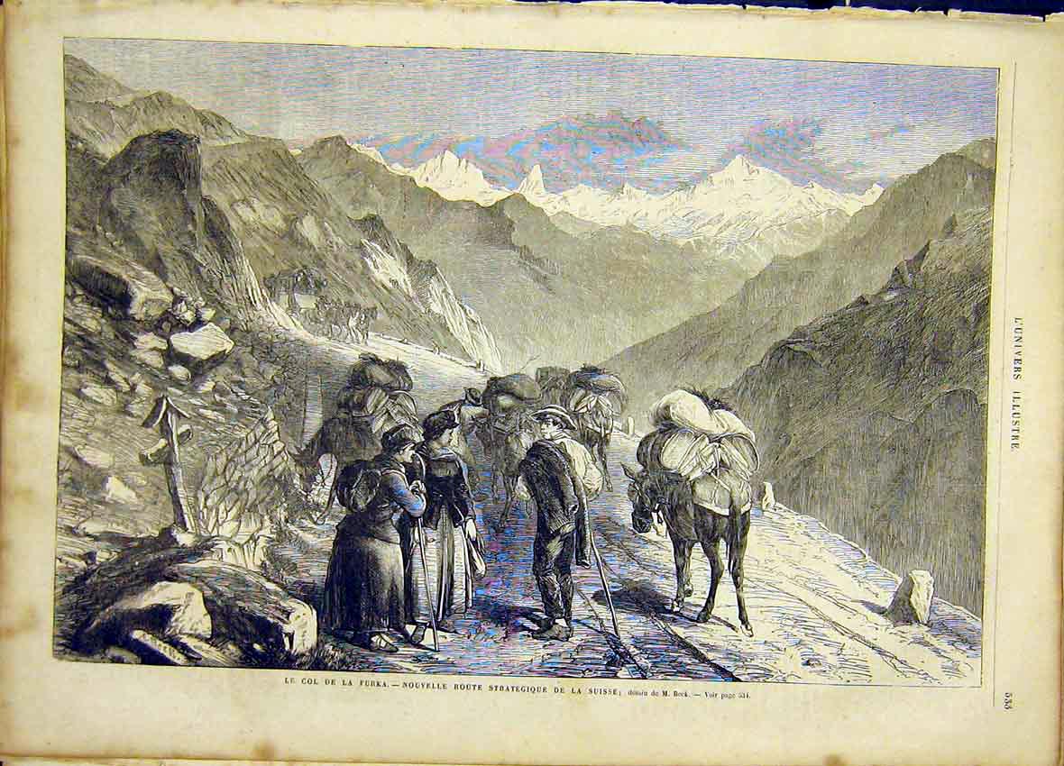 Original Old Antique Print Switzerland Furka Mountain French 1866 19th