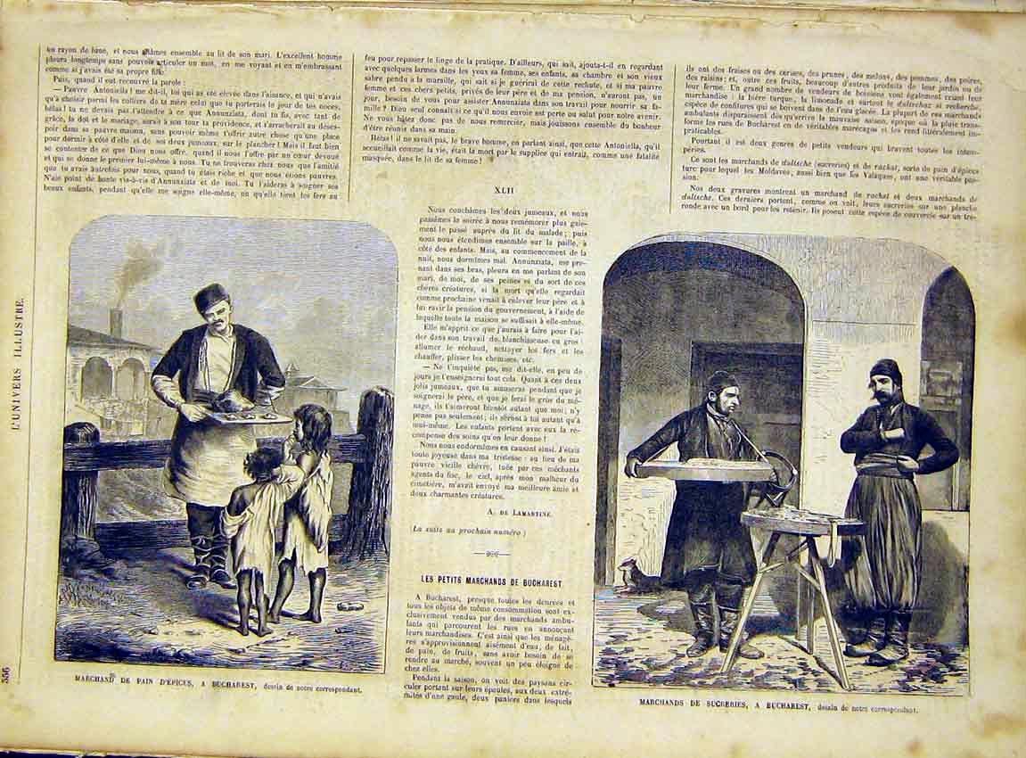 Original Old Antique Print Bucharest Baker Sugar Street Sellers French 1866 19th