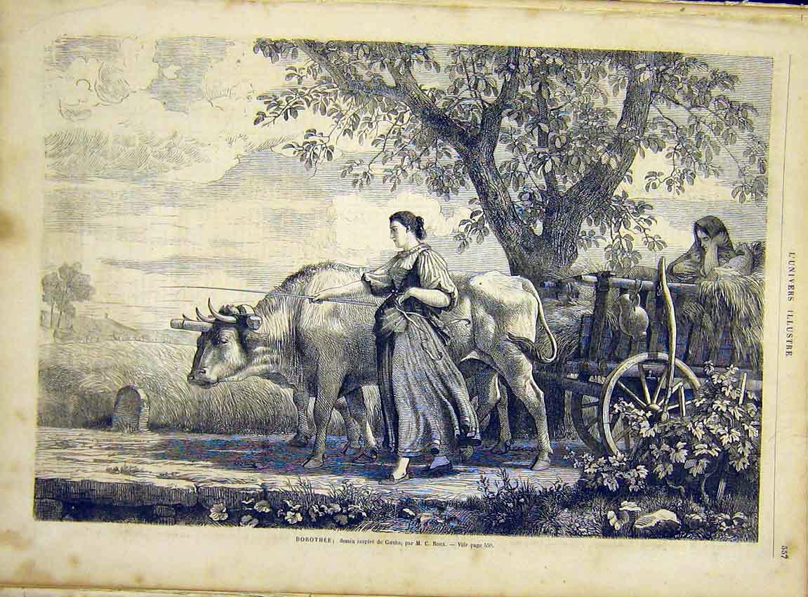 Original Old Antique Print Dorothy Goethe Ox Cart Lady Oxen French 1866 19th