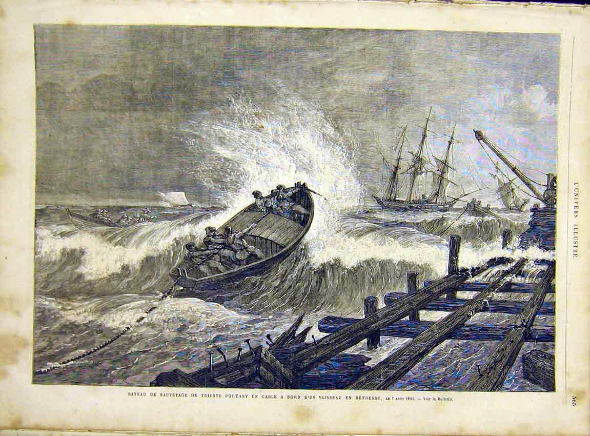 Original Old Antique Print Boat Wreck Sea Cable Ship French 1866 19th