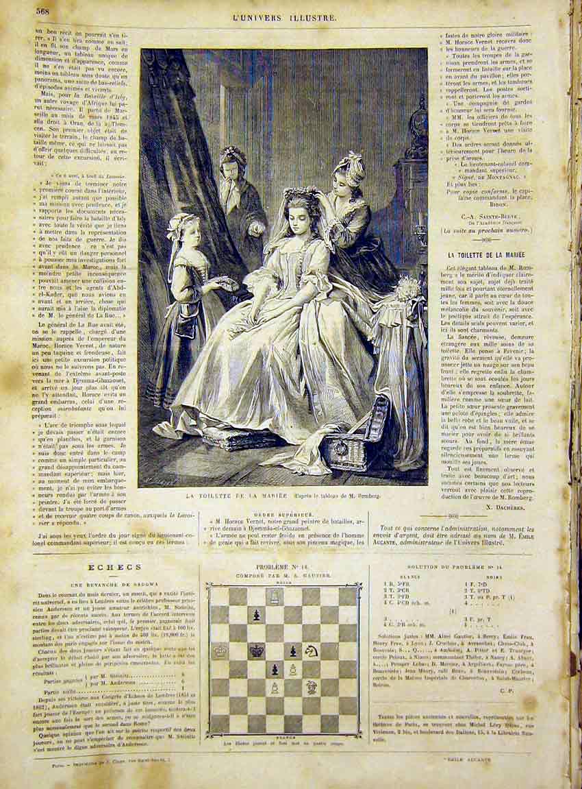 Original Old Antique Print Marie Romberg Mariee Toilette French 1866 Victorian