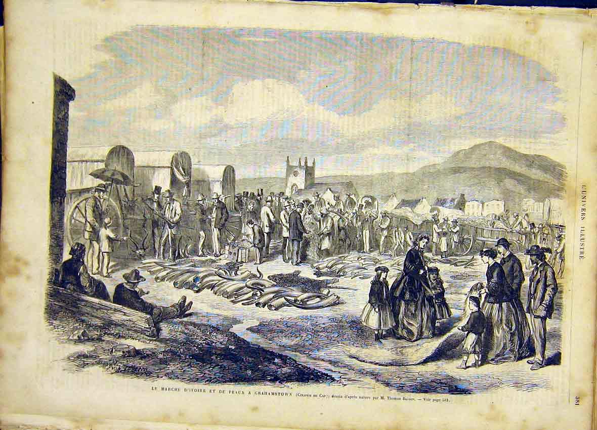 Original Old Antique Print Grahamstown Africa Cape Ivory French 1866 Victorian