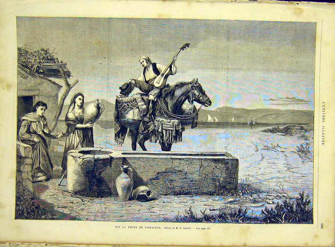 Original Old Antique Print Gibraltar Traveller Ansdell French 1866 Fine Art 19th