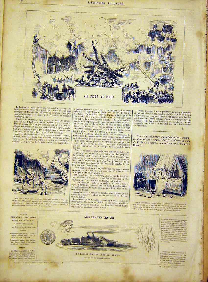 Original Old Antique Print Fire Brigade Children Paris French 1866 France 19th